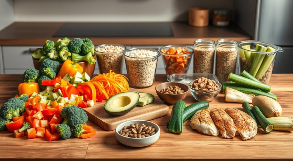 A neatly arranged wooden table showcases a variety of nutritious ingredients for a prediabetes-friendly meal. In the foreground, fresh vegetables like broccoli, bell peppers, and zucchini are meticulously chopped, ready for sautéing. Alongside, whole grains such as quinoa and brown rice are measured in glass containers, complemented by lean protein sources like grilled chicken and baked fish fillets. The middle ground features a cutting board with sliced avocado and a small bowl of mixed nuts, providing healthy fats. In the background, a minimalist kitchen setting with muted tones creates a calming, focused atmosphere, emphasizing the importance of mindful meal preparation for managing prediabetes.