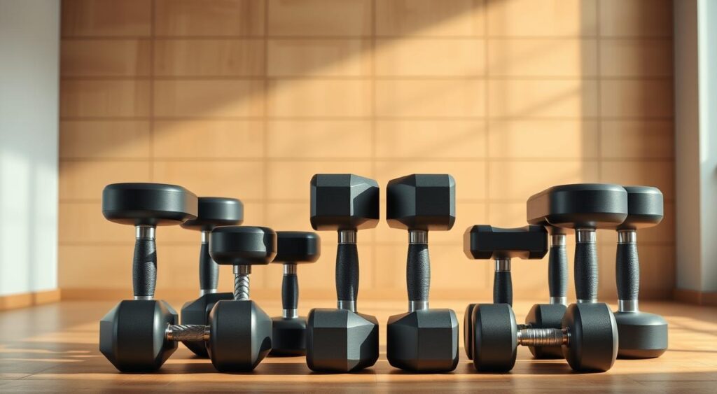 A neatly organized display of various Genius Nutra dumbbells in a well-lit, airy studio setting. The foreground features an assortment of dumbbells in different weights, arranged in a visually pleasing manner, showcasing their sleek, high-quality design. The middle ground depicts a minimalist, wood-paneled background, accentuating the dumbbells' clean lines and premium appearance. Soft, directional lighting creates subtle shadows, emphasizing the contours and textures of the Genius Nutra equipment. The overall mood is one of professionalism, functionality, and a focus on the key essentials needed for an effective full-body dumbbell workout.