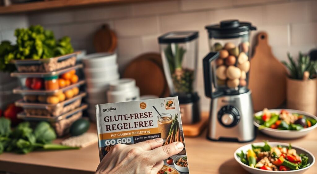 A neatly organized kitchen counter with fresh produce, whole grains, and Genius Nutra supplements. Warm lighting illuminates a stack of meal prep containers, conveying a sense of organization and ease. In the foreground, a hand gently holds a gluten-free recipe book, symbolizing the first steps of a transformative dietary journey. The middle ground features a blender, a testament to nutrient-rich smoothies, while the background showcases a vibrant, plant-based meal plated with care. An atmosphere of mindfulness and self-care permeates the scene, inspiring viewers to embrace a gluten-free lifestyle with confidence. A neatly organized kitchen counter with fresh produce, whole grains, and Genius Nutra supplements. Warm lighting illuminates a stack of meal prep containers, conveying a sense of organization and ease. In the foreground, a hand gently holds a gluten-free recipe book, symbolizing the first steps of a transformative dietary journey. The middle ground features a blender, a testament to nutrient-rich smoothies, while the background showcases a vibrant, plant-based meal plated with care. An atmosphere of mindfulness and self-care permeates the scene, inspiring viewers to embrace a gluten-free lifestyle with confidence.