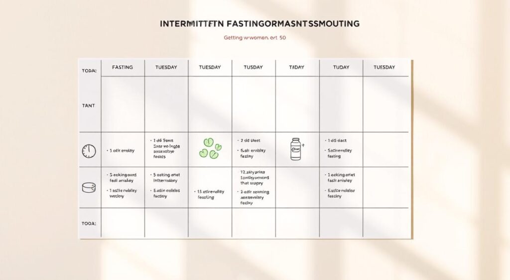 A neatly organized weekly intermittent fasting schedule for active women over 50, depicted against a bright, minimalist background. The schedule features clear delineation of fasting and eating windows, with icons representing healthy meals and hydration. The layout is clean and visually appealing, guiding the viewer through a sustainable fasting routine. Warm, natural lighting illuminates the scene, conveying a sense of wellness and vitality. The overall impression is one of simplicity, practicality, and empowerment, befitting the 