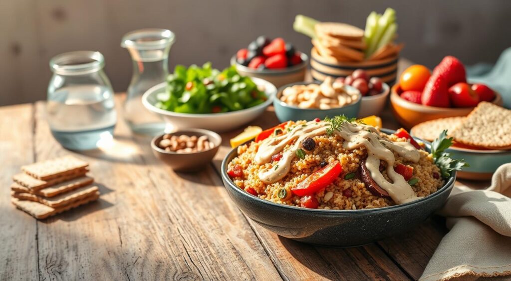 A nourishing assortment of vibrant whole food dishes arranged on a rustic wooden table, bathed in warm, natural lighting. In the foreground, a hearty bowl of brown rice, quinoa, and roasted vegetables, drizzled with a creamy tahini dressing. Surrounding it, a platter of crisp, fresh greens, a bowl of colorful mixed berries, and a stack of whole-grain crackers. In the middle ground, a glass pitcher of infused water and a small bowl of crunchy nuts and seeds. The background features a neutral, minimalist setting, allowing the vibrant, wholesome ingredients to take center stage, evoking a sense of balance, energy, and wellness.
