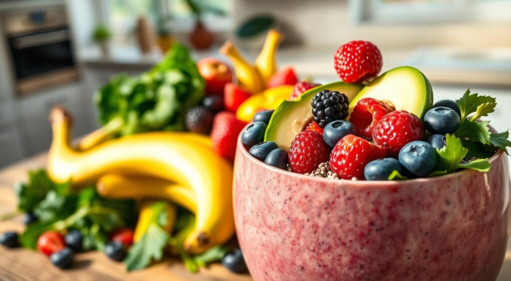 A nourishing smoothie bowl filled with vibrant, heart-healthy ingredients. In the foreground, a thick, creamy smoothie topped with sliced avocado, juicy berries, and a sprinkle of chia seeds. The middle ground showcases colorful fruits and vegetables, such as kale, spinach, bananas, and blueberries, arranged in an artful composition. The background features a clean, minimalist kitchen counter, with natural light streaming in through large windows, creating a warm, inviting atmosphere. The scene is shot with a sharp, high-resolution lens, emphasizing the rich textures and vibrant colors of the ingredients, and conveying the benefits of incorporating cholesterol-lowering smoothies into a balanced, heart-healthy diet. A nourishing smoothie bowl filled with vibrant, heart-healthy ingredients. In the foreground, a thick, creamy smoothie topped with sliced avocado, juicy berries, and a sprinkle of chia seeds. The middle ground showcases colorful fruits and vegetables, such as kale, spinach, bananas, and blueberries, arranged in an artful composition. The background features a clean, minimalist kitchen counter, with natural light streaming in through large windows, creating a warm, inviting atmosphere. The scene is shot with a sharp, high-resolution lens, emphasizing the rich textures and vibrant colors of the ingredients, and conveying the benefits of incorporating cholesterol-lowering smoothies into a balanced, heart-healthy diet.