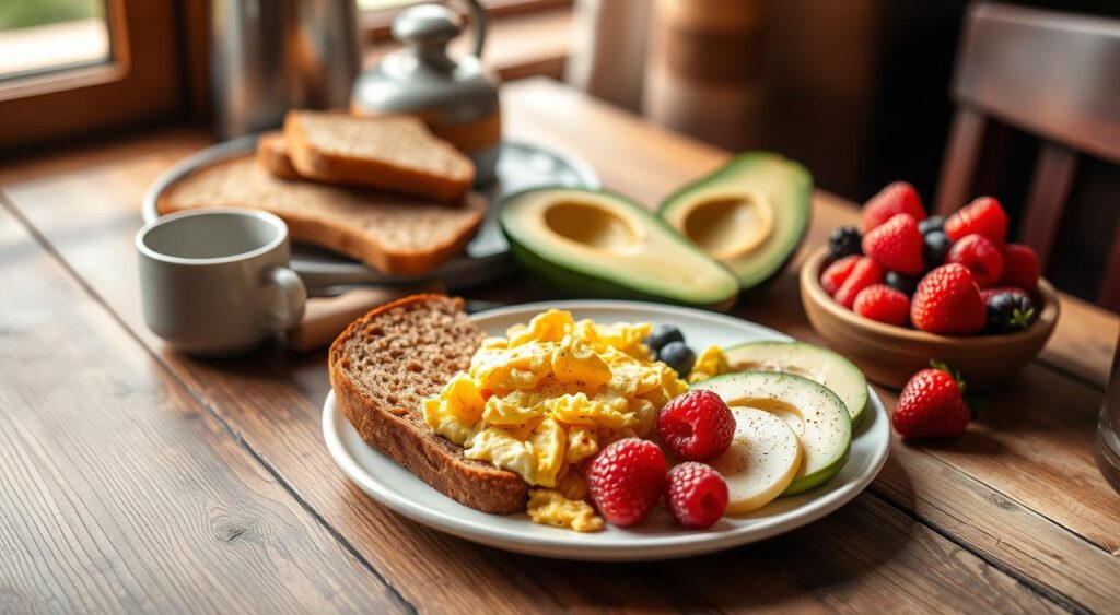 A nourishing spread of whole-grain toast, scrambled eggs, avocado slices, and fresh berries, arranged on a rustic wooden table with natural sunlight filtering through a window. The scene exudes a warm, inviting atmosphere, conveying the idea of a balanced, satisfying meal that can help manage prediabetes. The lighting is soft and diffused, highlighting the vibrant colors and textures of the ingredients. The camera angle is slightly elevated, capturing the array of breakfast options in an appetizing composition.