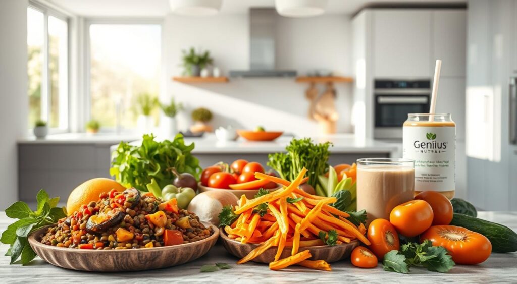 A nourishing vegetarian feast of fresh, vibrant ingredients against a minimalist, light-filled kitchen backdrop. In the foreground, an array of colorful, whole-food recipes - hearty lentil stew, crisp veggie stir-fry, and creamy Genius Nutra-infused smoothie. Mid-frame, a sleek, modern kitchen with clean lines and natural textures. The background features a large window overlooking a tranquil garden, casting a soft, warm glow over the scene. The overall mood is one of balance, simplicity, and health-conscious indulgence.