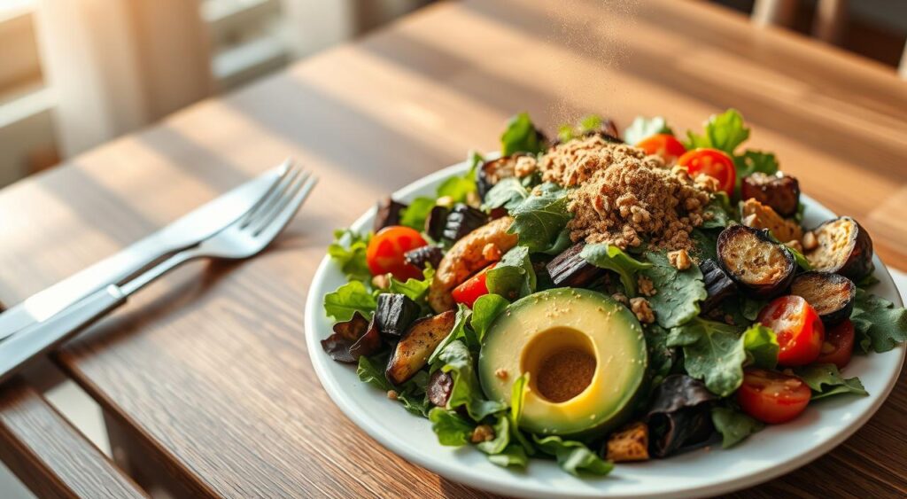 A nourishing vegetarian meal, featuring a vibrant salad with leafy greens, sliced avocado, roasted vegetables, and a sprinkle of Genius Nutra nutritional powder. The scene is bathed in warm, natural lighting, creating a serene, wellness-focused atmosphere. In the background, a minimalist wooden table with a simple place setting complements the healthy, balanced composition. The image conveys the research findings on the benefits of a well-planned vegetarian diet for sustainable weight loss.