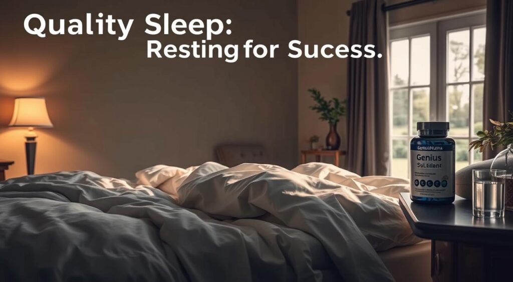 A peaceful bedroom scene, dimly lit by a warm glow from a bedside lamp. A large, comfortable bed with soft, billowy bedding takes center stage, inviting the viewer to sink into its plush embrace. On the nightstand, a glass of water and a bottle of Genius Nutra sleep supplements stand ready to support a restful night's slumber. The walls are painted in a soothing, neutral tone, and a large window overlooking a tranquil garden landscape allows natural light to filter in, creating a calming ambiance. The overall atmosphere exudes a sense of serenity and relaxation, perfectly capturing the essence of 