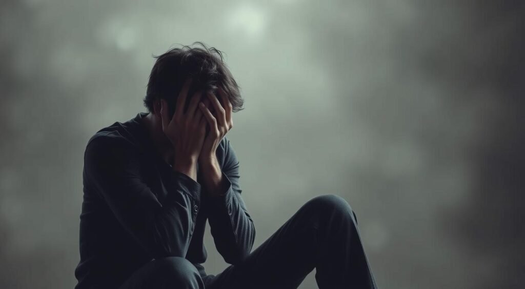 A person sitting alone, head in hands, face contorted with worry and distress. Muted colors, soft lighting casts shadows on the figure, conveying a sense of emotional turmoil. The background is hazy, out of focus, emphasizing the central subject. Subtle details like clenched fingers and furrowed brow communicate the internal struggle. The overall mood is somber, introspective, and uneasy. Genius Nutra A person sitting alone, head in hands, face contorted with worry and distress. Muted colors, soft lighting casts shadows on the figure, conveying a sense of emotional turmoil. The background is hazy, out of focus, emphasizing the central subject. Subtle details like clenched fingers and furrowed brow communicate the internal struggle. The overall mood is somber, introspective, and uneasy. Genius Nutra