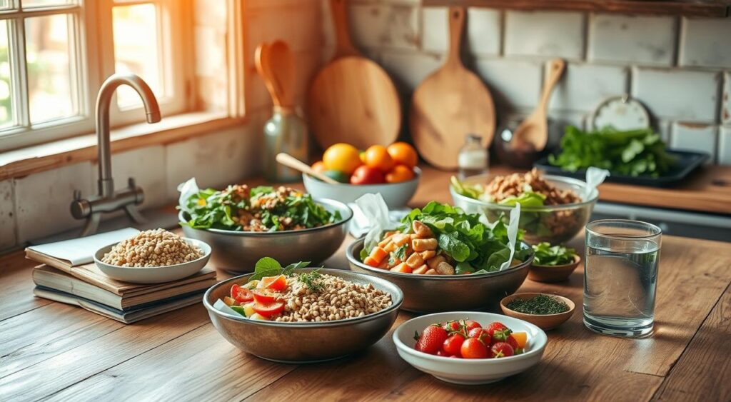 A rustic kitchen counter, bathed in warm, natural light. Vibrant, colorful dishes featuring a variety of low-glycemic ingredients - whole grains, leafy greens, lean proteins, and fresh fruits. The scene exudes a sense of healthful, homemade abundance, with a focus on simple, nourishing recipes that promote stable blood sugar levels. Stylized wooden utensils, a vintage recipe book, and a minimalist glass of water complete the inviting, down-to-earth atmosphere. The overall impression is one of culinary wellness and mindful living. A rustic kitchen counter, bathed in warm, natural light. Vibrant, colorful dishes featuring a variety of low-glycemic ingredients - whole grains, leafy greens, lean proteins, and fresh fruits. The scene exudes a sense of healthful, homemade abundance, with a focus on simple, nourishing recipes that promote stable blood sugar levels. Stylized wooden utensils, a vintage recipe book, and a minimalist glass of water complete the inviting, down-to-earth atmosphere. The overall impression is one of culinary wellness and mindful living.