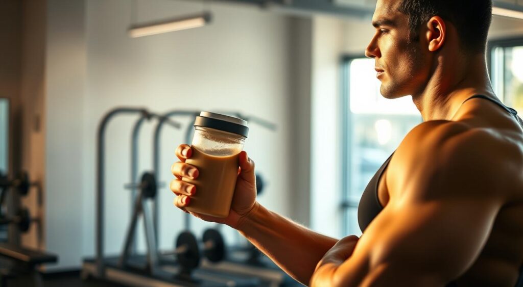 A serene and well-lit gym interior, with a focus on a muscular athlete drinking a protein shake after an intense workout. The foreground showcases the athlete's hand holding the shake, conveying the importance of post-workout nutrition for recovery. The middle ground features the athlete's torso, highlighting their toned physique, while the background presents a minimalist gym setting with sleek, modern equipment and a tranquil atmosphere. The lighting is warm and natural, casting a soft glow on the scene, emphasizing the significance of proper nutrition for the athlete's performance and overall well-being.