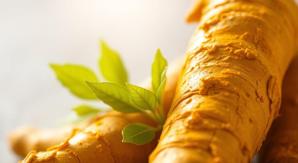 A serene close-up of a vibrant yellow turmeric root, its intricate textures and warm hues illuminated by soft, diffused lighting. In the middle ground, delicate turmeric leaves unfurl, their verdant green shades creating a soothing contrast. The background blurs gently, evoking a sense of tranquility and the restorative power of this ancient spice. The overall composition conveys the healing essence of turmeric and its potential benefits for liver health, inviting the viewer to appreciate its natural beauty and medicinal properties.