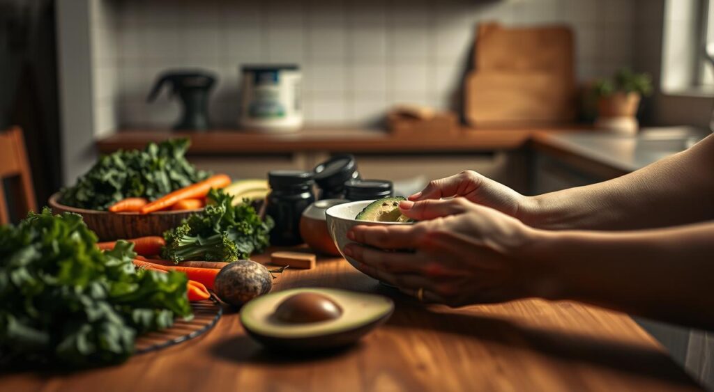 A serene, dimly lit kitchen scene. On a wooden table, an array of fresh, vibrant ingredients - kale, carrots, avocado, and whole grain bread. A stylized 