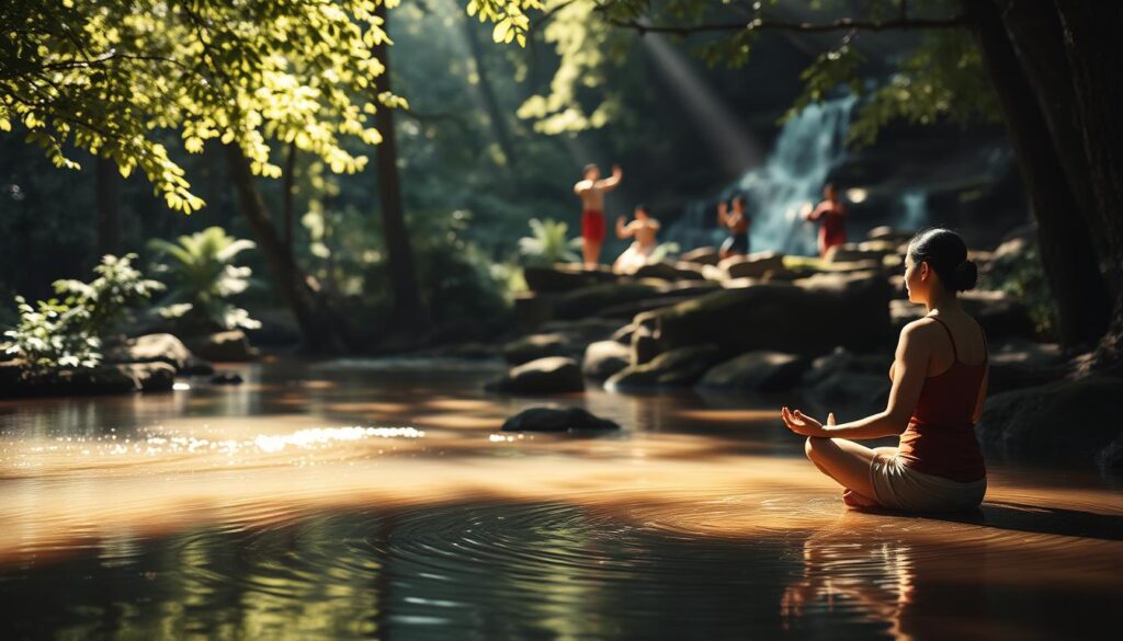 A serene forest glade with dappled sunlight filtering through the lush foliage. In the foreground, a person seated in a meditative pose, practicing yoga or mindfulness techniques. Gentle ripples in a tranquil pond reflect the calming scene. In the middle ground, people engaged in other soothing physical activities like tai chi or light stretching. The background features a distant waterfall cascading over mossy rocks, creating a soothing ambiance. Subtle, natural lighting casts a warm, peaceful atmosphere. The image should convey a sense of tranquility and effective A serene forest glade with dappled sunlight filtering through the lush foliage. In the foreground, a person seated in a meditative pose, practicing yoga or mindfulness techniques. Gentle ripples in a tranquil pond reflect the calming scene. In the middle ground, people engaged in other soothing physical activities like tai chi or light stretching. The background features a distant waterfall cascading over mossy rocks, creating a soothing ambiance. Subtle, natural lighting casts a warm, peaceful atmosphere. The image should convey a sense of tranquility and effective