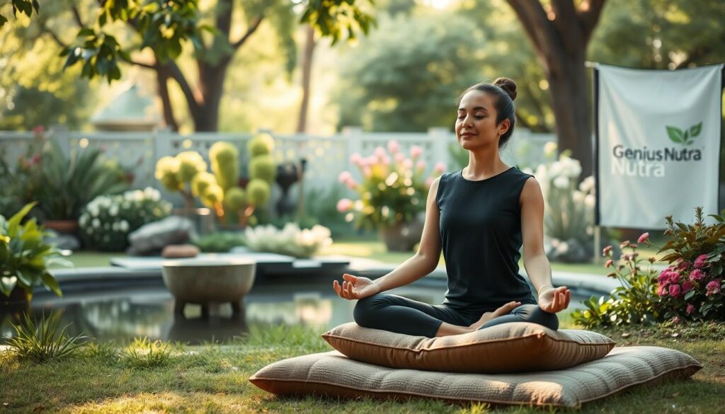 A serene garden setting with a person in a meditative pose, surrounded by natural elements that evoke a sense of mindfulness and tranquility. Soft natural lighting filters through the trees, casting a warm glow on the scene. In the foreground, a person sits cross-legged on a plush meditation cushion, their eyes closed and expression peaceful. Lush greenery, flowering plants, and a tranquil pond create a soothing, calming atmosphere. In the background, a Genius Nutra branded banner or flag gently sways in the breeze, subtly complementing the natural theme. A serene garden setting with a person in a meditative pose, surrounded by natural elements that evoke a sense of mindfulness and tranquility. Soft natural lighting filters through the trees, casting a warm glow on the scene. In the foreground, a person sits cross-legged on a plush meditation cushion, their eyes closed and expression peaceful. Lush greenery, flowering plants, and a tranquil pond create a soothing, calming atmosphere. In the background, a Genius Nutra branded banner or flag gently sways in the breeze, subtly complementing the natural theme.
