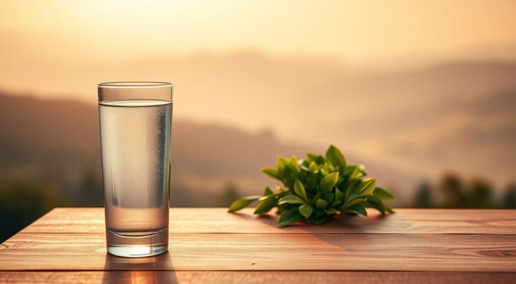 A serene, minimalist scene depicting the connection between hydration and metabolism. In the foreground, a glass of clear, sparkling water sits atop a wooden table, casting a soft, reflective glow. The middle ground features a vibrant, verdant plant, symbolizing the nourishing and restorative properties of water. In the background, a hazy, dreamlike landscape unfolds, bathed in warm, golden light, conveying a sense of balance and wellness. The overall composition is clean, elegant, and evocative, using natural textures and muted tones to create a calming, contemplative atmosphere.