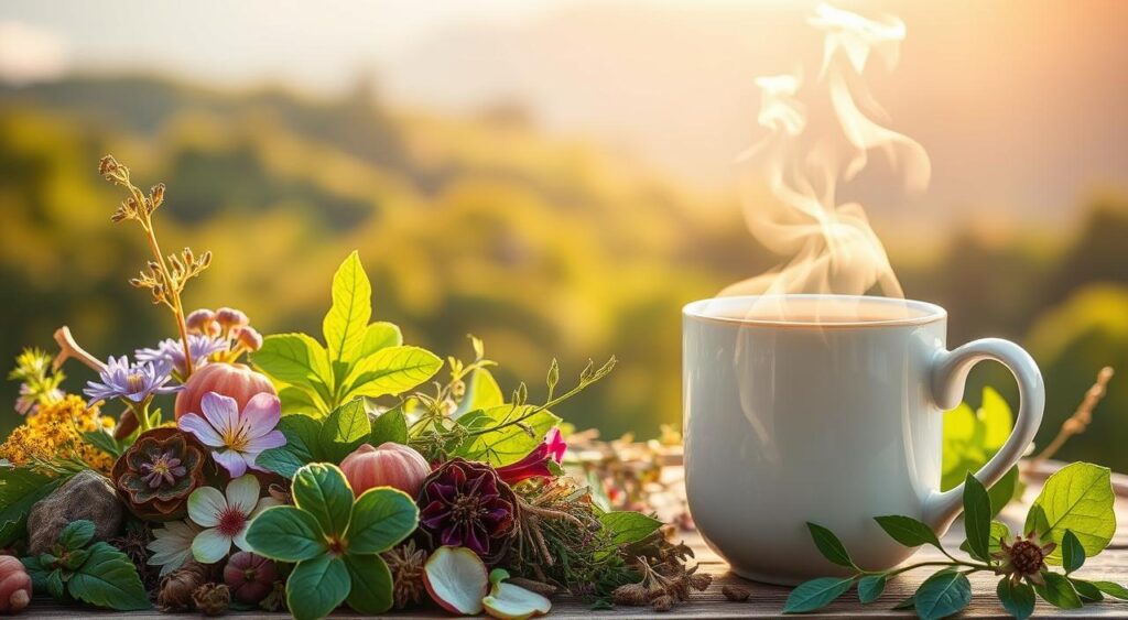 A serene, natural scene depicting the reduction of liver inflammation through holistic means. In the foreground, a variety of fresh, vibrant herbs and botanicals are arranged artfully, their soothing colors and textures conveying the power of nature's anti-inflammatory properties. In the middle ground, a steaming mug of herbal tea emits wisps of fragrant steam, symbolizing the calming, restorative effects of herbal remedies. The background features a tranquil landscape, perhaps a lush forest or rolling hills, bathed in warm, golden natural lighting that evokes a sense of balance and harmony. The overall composition communicates the idea of restoring liver health through gentle, holistic interventions.