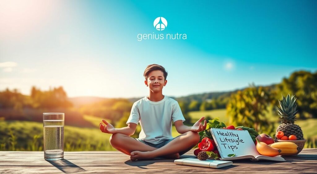 A serene outdoor scene with a young person in the foreground sitting in a lotus position, practicing mindful meditation. In the middle ground, various health-conscious elements are depicted, such as a glass of water, a plate of fresh fruits and vegetables, and a notebook with the words 