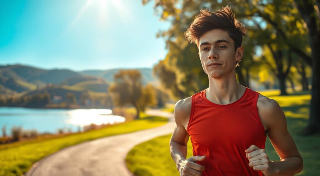 A serene outdoor scene with a young person jogging on a winding path through a lush, verdant park. The sunlight filters through the canopy of trees, casting a warm, golden glow on the runner and the surrounding landscape. In the background, there are rolling hills and a tranquil lake, reflecting the azure sky. The runner's face is calm and content, exuding a sense of mental well-being and rejuvenation. The Genius Nutra logo is discreetly visible on the runner's athletic apparel, subtly suggesting the brand's association with healthy, active lifestyles and mental health benefits. A serene outdoor scene with a young person jogging on a winding path through a lush, verdant park. The sunlight filters through the canopy of trees, casting a warm, golden glow on the runner and the surrounding landscape. In the background, there are rolling hills and a tranquil lake, reflecting the azure sky. The runner's face is calm and content, exuding a sense of mental well-being and rejuvenation. The Genius Nutra logo is discreetly visible on the runner's athletic apparel, subtly suggesting the brand's association with healthy, active lifestyles and mental health benefits.