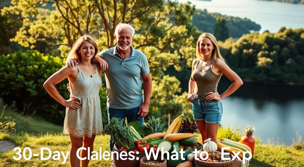 A serene outdoor setting with lush greenery and sunlit landscapes. In the foreground, three individuals of diverse ages and body types stand tall, radiating confidence and vitality. Their expressions convey a sense of achievement and well-being, reflecting the transformative power of intermittent fasting. The middle ground showcases a variety of healthy, vibrant foods, symbolizing the nourishing and sustainable nature of this lifestyle. In the background, a tranquil body of water reflects the calming, meditative atmosphere. Soft, natural lighting casts a warm, golden glow, capturing the essence of the "30-Day Challenges: What to Expect" narrative.