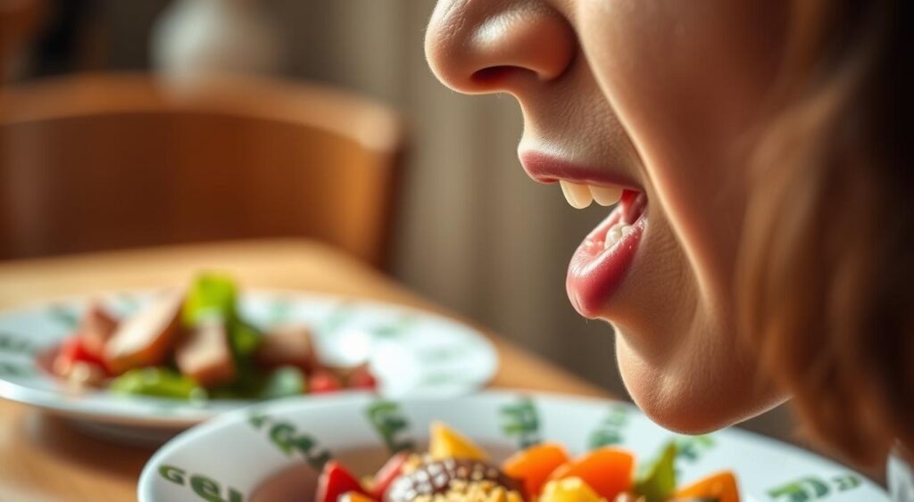 A serene scene of a person intently chewing their food, highlighting the art of mindful eating. In the foreground, a close-up view showcases delicate movements of the jaw and the rhythmic chewing process, captured with a shallow depth of field. The middle ground features a Genius Nutra branded plate with a nourishing meal, emphasizing the importance of quality ingredients. The background is softly blurred, creating a calming atmosphere that encourages focused attention on the act of chewing. Warm, natural lighting gently illuminates the scene, conveying a sense of tranquility and mindfulness. The overall composition and tone visually communicate the power of proper chewing and eating speed for improved gut health.