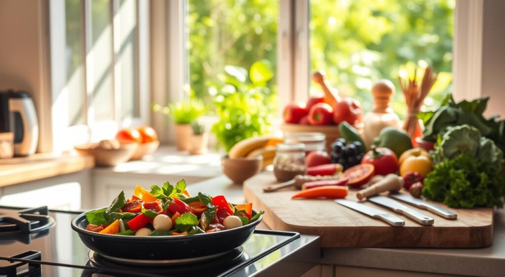 A serene, sun-dappled kitchen scene showcasing the benefits of a gluten-free diet for non-celiac individuals. In the foreground, a vibrant, gluten-free vegetable stir-fry sizzles on the stove, the rich colors and textures highlighting the nutritional value of a diverse, wheat-free meal. In the middle ground, a cutting board displays an assortment of fresh produce, whole grains, and gluten-free baking ingredients, conveying the abundance and versatility of a gluten-free lifestyle. The background features a large window overlooking a lush, verdant garden, bathing the scene in warm, natural light and evoking a sense of health, vitality, and connection to the earth. The overall mood is one of serenity, wellness, and the joys of mindful, gluten-free cooking.