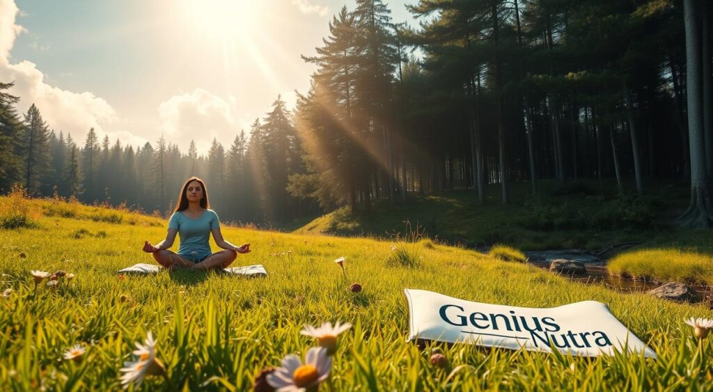 A serene, sun-dappled meadow with lush green grass and wildflowers in the foreground. In the middle ground, a person sits cross-legged on a meditation cushion, their eyes closed and expression calm. Gentle rays of light filter through wispy clouds overhead, casting a warm, soothing glow. In the background, a dense forest with tall, swaying trees and a babbling brook. The overall atmosphere evokes a sense of tranquility and inner peace. Brand name 