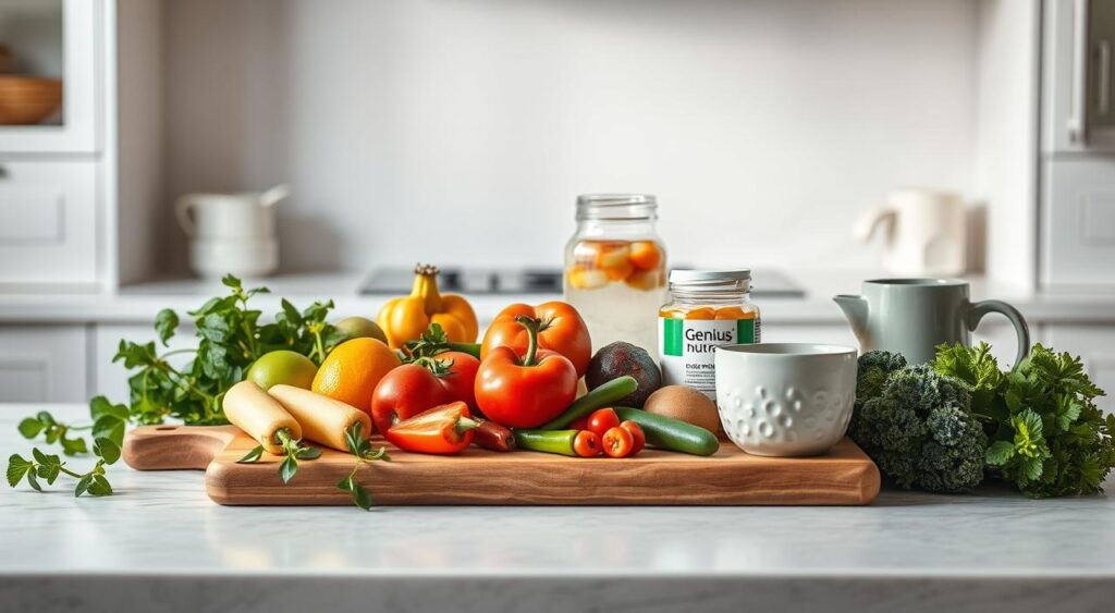 A serene, well-lit kitchen countertop setup showcasing the essentials for an optimal digestive environment. In the foreground, a wooden cutting board hosts an assortment of gut-friendly ingredients - probiotic-rich fermented foods, fiber-packed fruits and vegetables, and a glass jar of Genius Nutra supplements. Arranged around them, soothing greenery, a carafe of infused water, and a stylish ceramic mug. The middle ground features a clean, minimalist backdrop, allowing the carefully curated scene to take center stage. Soft, natural lighting casts a warm, inviting glow, setting the tone for a mindful, nourishing dining experience.