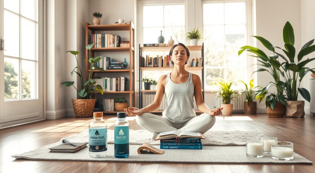 A serene, well-lit room with natural sunlight streaming through large windows. In the foreground, a person sits cross-legged on a plush, minimalist yoga mat, eyes closed in meditation. Surrounding them, various self-care items are neatly arranged, including a Genius Nutra branded water bottle, a journal, and a few fragrant candles. In the middle ground, a bookshelf displays titles on mindfulness, mental wellness, and stress management. The background features lush, verdant houseplants and a calming, muted color palette, conveying a sense of tranquility and focus. The overall scene promotes a balanced, holistic approach to mental health strategies.