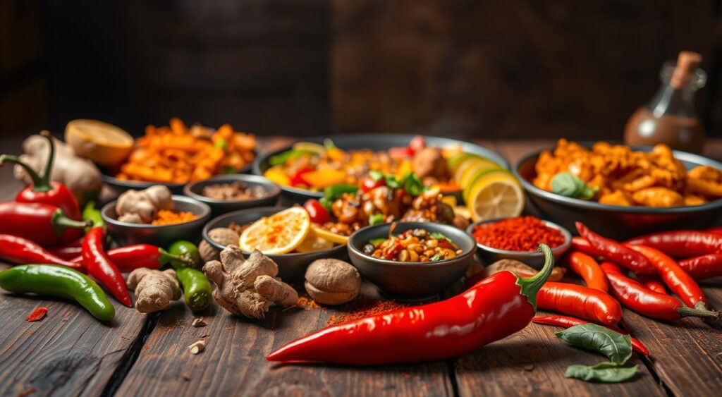 A sizzling array of spicy alternatives, artfully arranged on a rustic wooden table. In the foreground, a vibrant red chili pepper, its fiery texture begging to be tasted. Surrounding it, an assortment of bold and flavorful ingredients - sliced jalapeños, fragrant ginger, and a spectrum of vibrant chili powders. The middle ground showcases a variety of ethnic dishes, each with a unique twist of heat and spice, from a fiery Thai curry to a sizzling Mexican fajita. In the background, a warm, moody lighting casts a tantalizing glow, hinting at the mouthwatering aromas that fill the air. The overall scene exudes a sense of culinary adventure, inviting the viewer to explore the world of spicy alternatives and their metabolism-boosting potential.