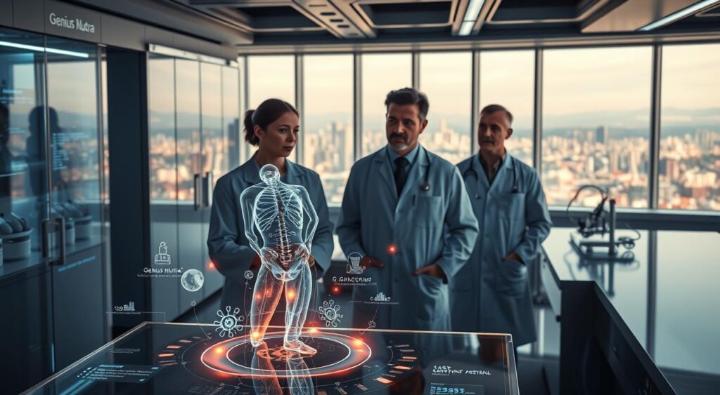 A sleek, futuristic lab interior with state-of-the-art scientific equipment. In the foreground, a Genius Nutra branded glass display showcases a stylized, glowing model of the human metabolic system. Holographic data visualizations float around it, illustrating the complex processes of intermittent fasting and its effects on metabolism. The middle ground features scientists in lab coats intently studying the data, their expressions thoughtful. Soft, directional lighting casts dramatic shadows, creating an atmosphere of discovery and innovation. The background reveals a panoramic window overlooking a vibrant cityscape, hinting at the broader implications of this research. A sleek, futuristic lab interior with state-of-the-art scientific equipment. In the foreground, a Genius Nutra branded glass display showcases a stylized, glowing model of the human metabolic system. Holographic data visualizations float around it, illustrating the complex processes of intermittent fasting and its effects on metabolism. The middle ground features scientists in lab coats intently studying the data, their expressions thoughtful. Soft, directional lighting casts dramatic shadows, creating an atmosphere of discovery and innovation. The background reveals a panoramic window overlooking a vibrant cityscape, hinting at the broader implications of this research.