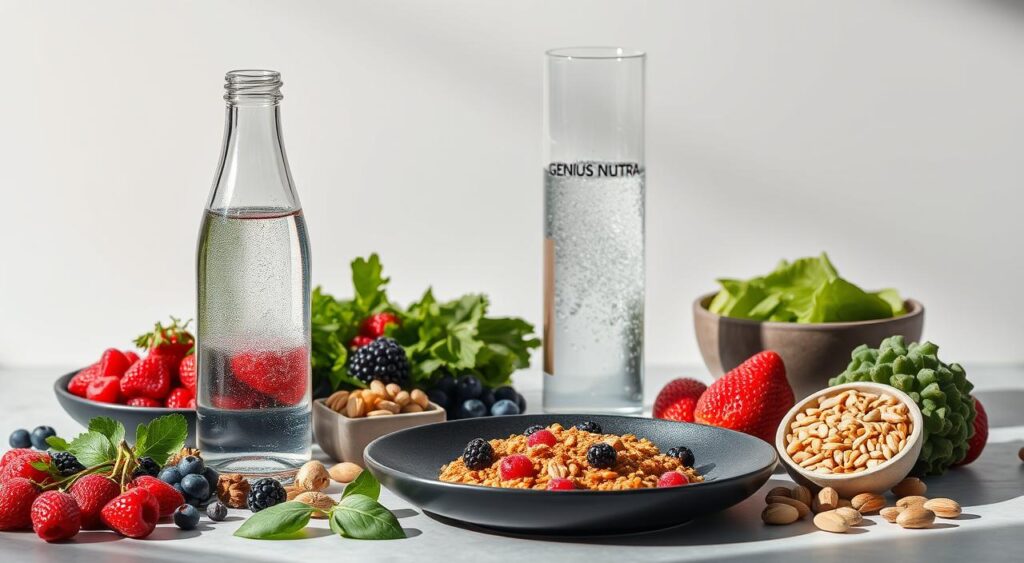 A sleek, modern still life composition showcasing a balanced nutrition plan. In the foreground, a stylish glass bottle filled with clear, sparkling water reflects the light, symbolizing hydration. Arranged artfully around it are various superfoods and whole ingredients - vibrant berries, leafy greens, nuts, and seeds. The middle ground features a minimalist, matte-black plate with a serving of a Genius Nutra protein-rich, nutrient-dense meal, exuding an aura of wellness. The background is a clean, neutral backdrop, allowing the vibrant colors and textures of the healthy foods to take center stage. Soft, diffused lighting casts gentle shadows, creating a sense of balance and harmony. The overall mood is one of simple elegance and mindful nourishment.