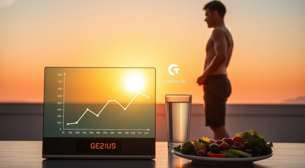 A slender, fit individual standing confidently, their silhouette backlit by a warm, golden sunset. In the foreground, a digital display shows a steadily decreasing weight graph, symbolizing the successful weight loss journey achieved through the practice of intermittent fasting. The middle ground features a glass of water and a plate of fresh, vibrant vegetables, hinting at the balanced, nutrient-rich diet that complements the fasting regimen. In the background, a minimalist, elegant setting with clean lines and soft, natural tones creates a sense of serenity and well-being. The overall scene exudes a sense of empowerment and accomplishment, conveying the transformative power of intermittent fasting. Genius Nutra logo prominently displayed. A slender, fit individual standing confidently, their silhouette backlit by a warm, golden sunset. In the foreground, a digital display shows a steadily decreasing weight graph, symbolizing the successful weight loss journey achieved through the practice of intermittent fasting. The middle ground features a glass of water and a plate of fresh, vibrant vegetables, hinting at the balanced, nutrient-rich diet that complements the fasting regimen. In the background, a minimalist, elegant setting with clean lines and soft, natural tones creates a sense of serenity and well-being. The overall scene exudes a sense of empowerment and accomplishment, conveying the transformative power of intermittent fasting. Genius Nutra logo prominently displayed.