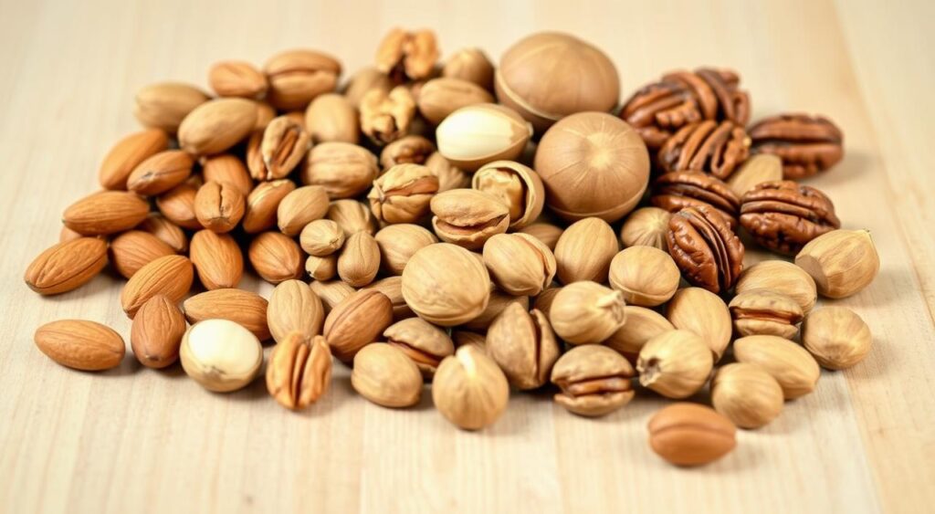 A still life arrangement of an assortment of the top nuts for boosting metabolism - almonds, walnuts, pecans, and Brazil nuts. Arranged on a wooden surface with a clean, minimalist background. Lighting is soft and diffused, highlighting the textures and natural colors of the nuts. The composition is balanced and visually appealing, conveying the idea of these nutritious nuts as effective metabolism-enhancing superfoods. A still life arrangement of an assortment of the top nuts for boosting metabolism - almonds, walnuts, pecans, and Brazil nuts. Arranged on a wooden surface with a clean, minimalist background. Lighting is soft and diffused, highlighting the textures and natural colors of the nuts. The composition is balanced and visually appealing, conveying the idea of these nutritious nuts as effective metabolism-enhancing superfoods.