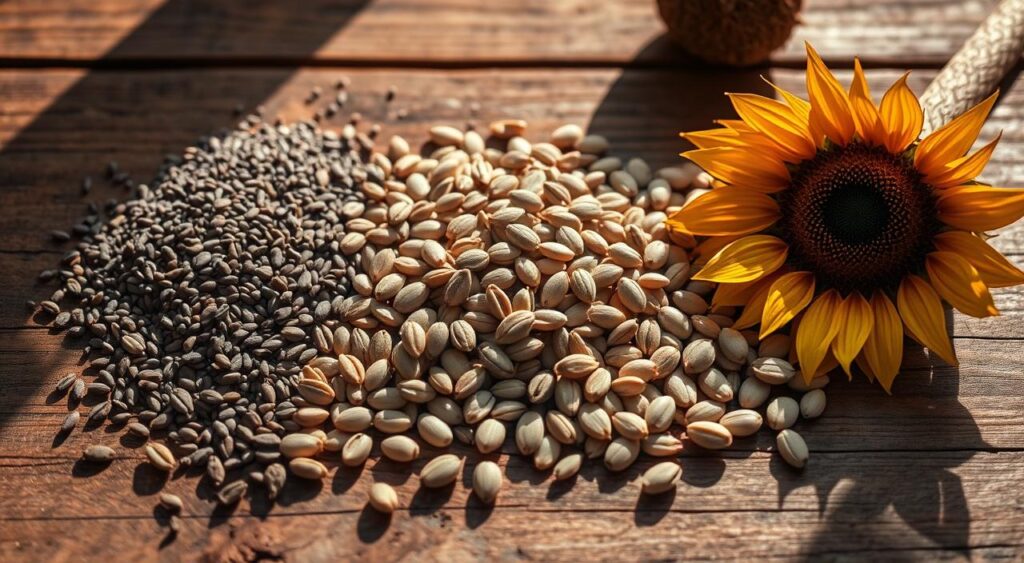 A still life arrangement of various high-metabolism boosting seeds, including chia, flax, hemp, pumpkin, and sunflower, placed on a rustic wooden table. The seeds are captured in natural lighting, creating warm, soft shadows that emphasize their texture and color. The composition is balanced, with the seeds arranged in an aesthetically pleasing manner, showcasing their unique shapes and sizes. The overall mood is one of health, vitality, and nourishment, reflecting the article's focus on these powerful metabolic-enhancing ingredients. A still life arrangement of various high-metabolism boosting seeds, including chia, flax, hemp, pumpkin, and sunflower, placed on a rustic wooden table. The seeds are captured in natural lighting, creating warm, soft shadows that emphasize their texture and color. The composition is balanced, with the seeds arranged in an aesthetically pleasing manner, showcasing their unique shapes and sizes. The overall mood is one of health, vitality, and nourishment, reflecting the article's focus on these powerful metabolic-enhancing ingredients.