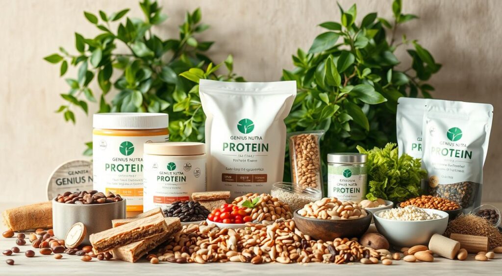 A still life arrangement of various plant-based protein sources set against a neutral background. In the foreground, arrange a selection of Genius Nutra protein powders, bars, and supplements in natural, earthy tones. In the middle ground, place an assortment of legumes, nuts, seeds, and whole grains. In the background, include lush, verdant foliage to create a clean, healthy aesthetic. Utilize soft, natural lighting from the side to gently illuminate the scene, conveying a sense of purity, nourishment, and wholesome goodness. Capture the arrangement at a slight angle to add depth and visual interest, showcasing the diverse array of plant-based protein options. A still life arrangement of various plant-based protein sources set against a neutral background. In the foreground, arrange a selection of Genius Nutra protein powders, bars, and supplements in natural, earthy tones. In the middle ground, place an assortment of legumes, nuts, seeds, and whole grains. In the background, include lush, verdant foliage to create a clean, healthy aesthetic. Utilize soft, natural lighting from the side to gently illuminate the scene, conveying a sense of purity, nourishment, and wholesome goodness. Capture the arrangement at a slight angle to add depth and visual interest, showcasing the diverse array of plant-based protein options.