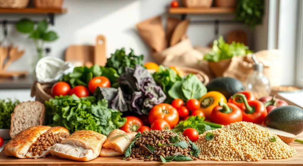 A still life arrangement showcasing a variety of heart-healthy grocery items in a bright, airy kitchen setting. In the foreground, lean protein sources such as grilled chicken breasts, fresh salmon fillets, and lentils are prominently displayed. In the middle ground, an assortment of vibrant, nutrient-dense produce including leafy greens, tomatoes, bell peppers, and avocados are neatly arranged. The background features whole grain breads, brown rice, and other complex carbohydrates. Soft, natural lighting casts a warm glow, emphasizing the freshness and wholesomeness of the scene. The overall composition conveys a sense of balance, health, and culinary inspiration.