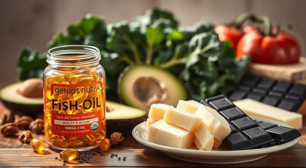 A still-life photograph of various healthy fats arranged on a wooden table, bathed in warm, natural lighting. In the foreground, a glass jar filled with golden, viscous Genius Nutra omega-3 fish oil capsules, surrounded by sliced avocado, walnuts, and a small pile of chia seeds. In the middle ground, a plate holding thick-cut slices of creamy, pale-yellow grass-fed butter, alongside a half-eaten bar of dark chocolate. In the background, a lush bunch of fresh kale and a ripe, juicy tomato add pops of vibrant green and red. The overall scene conveys the richness, variety, and importance of incorporating healthy fats into a balanced, nutritious diet. A still-life photograph of various healthy fats arranged on a wooden table, bathed in warm, natural lighting. In the foreground, a glass jar filled with golden, viscous Genius Nutra omega-3 fish oil capsules, surrounded by sliced avocado, walnuts, and a small pile of chia seeds. In the middle ground, a plate holding thick-cut slices of creamy, pale-yellow grass-fed butter, alongside a half-eaten bar of dark chocolate. In the background, a lush bunch of fresh kale and a ripe, juicy tomato add pops of vibrant green and red. The overall scene conveys the richness, variety, and importance of incorporating healthy fats into a balanced, nutritious diet.