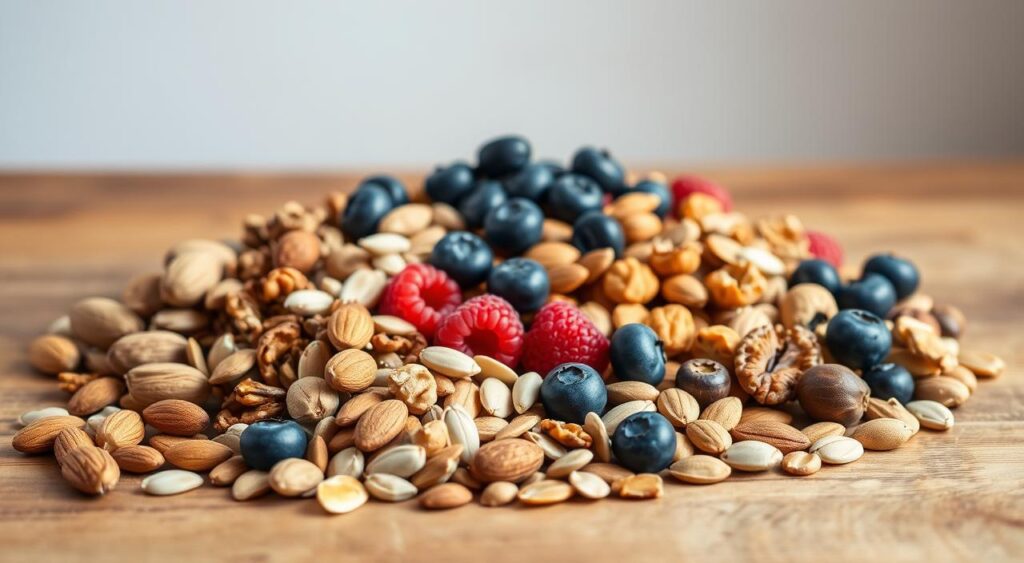 A still life photography scene depicting an assortment of low-glycemic snacks for type 2 diabetes. In the foreground, a selection of nuts and seeds such as almonds, walnuts, pumpkin seeds, and sunflower seeds are arranged on a wooden surface. In the middle ground, fresh berries like blueberries and raspberries are scattered around the nuts and seeds. The background features a subtle gradient, creating a soft, warm atmosphere. The lighting is natural and diffused, highlighting the textures and colors of the healthy snacks. The camera angle is slightly elevated, providing a visually appealing and appetizing composition.