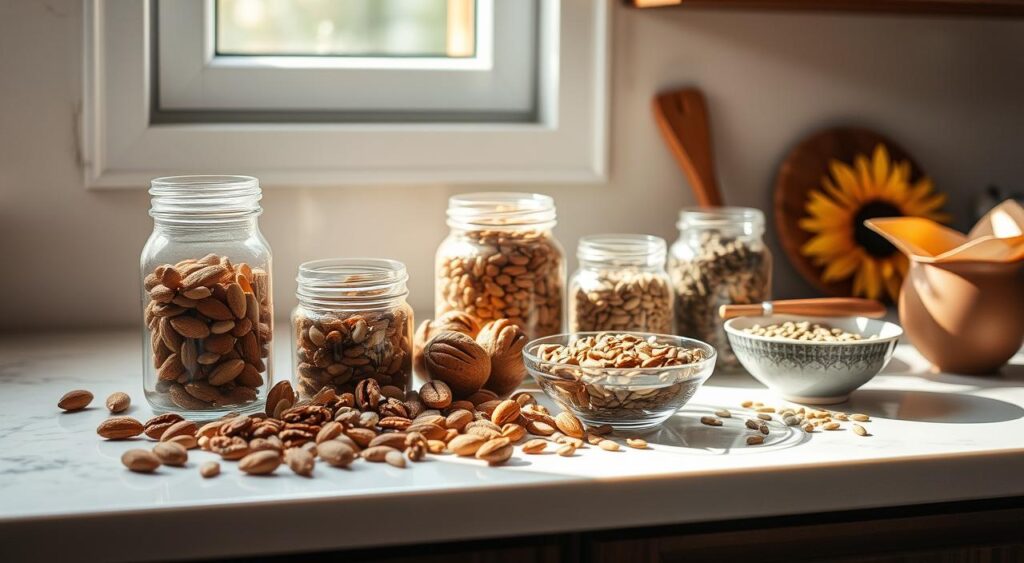 A stylish kitchen countertop with an assortment of nuts and seeds - almonds, walnuts, pecans, pumpkin seeds, and sunflower seeds - arranged artfully in glass jars and bowls. Soft natural lighting from a window illuminates the scene, casting gentle shadows and highlighting the rich textures and colors of the ingredients. The overall mood is one of wellness, health, and culinary inspiration, inviting the viewer to incorporate these nutrient-dense foods into their diet. A neutral background allows the nuts and seeds to take center stage, emphasizing their role as versatile, metabolism-boosting superfoods. A stylish kitchen countertop with an assortment of nuts and seeds - almonds, walnuts, pecans, pumpkin seeds, and sunflower seeds - arranged artfully in glass jars and bowls. Soft natural lighting from a window illuminates the scene, casting gentle shadows and highlighting the rich textures and colors of the ingredients. The overall mood is one of wellness, health, and culinary inspiration, inviting the viewer to incorporate these nutrient-dense foods into their diet. A neutral background allows the nuts and seeds to take center stage, emphasizing their role as versatile, metabolism-boosting superfoods.