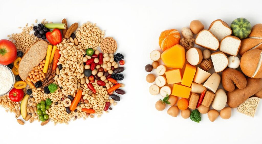A stylized close-up image of a variety of low glycemic index foods on the left side, including whole grains, legumes, fruits, and vegetables, arranged in a visually appealing manner against a plain, neutral background. On the right side, a similar arrangement of high glycemic index foods such as white bread, potatoes, and sugary snacks. The two sides are divided by a clean, minimalist line or border, emphasizing the contrast between the two groups. The lighting is soft and natural, creating a crisp, high-quality visual. The overall composition is balanced, with a focus on the distinct visual characteristics of the two food groups.