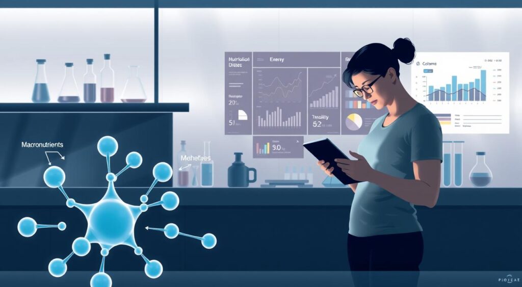 A stylized scientific illustration depicting the key principles of flexible dieting. In the foreground, a molecular diagram showcases the dynamic relationship between macronutrients, caloric intake, and metabolic processes. In the middle ground, a person meticulously tracking their nutritional data on a tablet, surrounded by charts and graphs visualizing the science of energy balance. The background features a sleek, minimalist laboratory setting with beakers, test tubes, and subtle lighting that creates a sense of scientific rigor and precision. The overall mood conveys the analytical yet empowering nature of the flexible dieting approach to weight management.