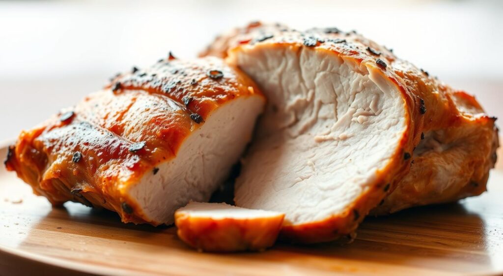 A succulent, perfectly roasted turkey breast, its golden-brown skin glistening under warm, natural lighting. The lean, tender meat is sliced to reveal its juicy, protein-rich interior. The turkey is set against a clean, minimalist background, emphasizing its nutritional prowess as a high-protein, metabolism-boosting food. Subtle shadows and a shallow depth of field draw the viewer's focus to the star of the image - the turkey itself, a testament to its status as a lean protein powerhouse.