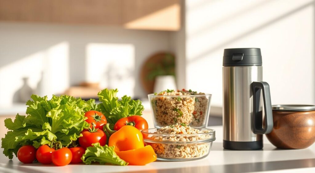 A sun-dappled kitchen counter, arranged with an assortment of low-sodium lunch options. In the foreground, a selection of fresh vegetables, including crisp romaine lettuce, juicy tomatoes, and crunchy bell peppers. In the middle ground, a glass container filled with a colorful quinoa salad, garnished with herbs and a light vinaigrette dressing. Alongside, a thermos of hearty lentil and vegetable soup, its steam rising gently. In the background, a minimalist, airy space with white walls and natural wooden accents, creating a calming, nourishing atmosphere. Soft, directional lighting casts a warm glow, emphasizing the vibrant colors and textures of the healthy, satisfying lunch options.