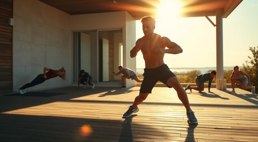 A sun-drenched morning scene, a person performing a powerful, dynamic exercise routine. In the foreground, a fit individual in activewear stands in a low lunge, muscles engaged, expression focused. The middle ground showcases additional exercises like push-ups, squats, and jumping jacks, all executed with intensity. The background depicts a serene, minimalist home gym or outdoor setting, with clean lines and natural textures like wood or stone. Warm, directional lighting casts dramatic shadows, conveying a sense of energy and vitality. The overall mood is one of strength, determination, and the revitalizing power of an invigorating morning workout.