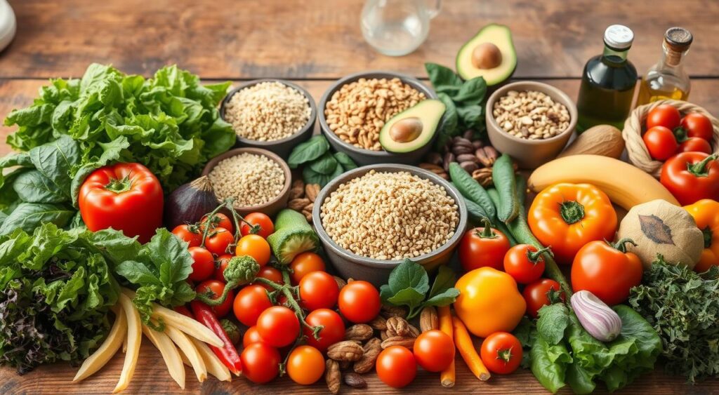 A vibrant, appetizing display of fresh, wholesome ingredients arranged on a rustic wooden table. In the foreground, an array of colorful vegetables, including leafy greens, bell peppers, and tomatoes, neatly organized. In the middle ground, various grains, such as quinoa and brown rice, are presented in stylish bowls. The background features a selection of nuts, seeds, and healthy fats, like avocado and olive oil, creating a visually balanced and nutritious scene. The lighting is warm and natural, casting a soft glow over the arrangement, emphasizing the vibrant colors and textures. The overall atmosphere conveys a sense of health, wellness, and the principles of an anti-inflammatory diet.