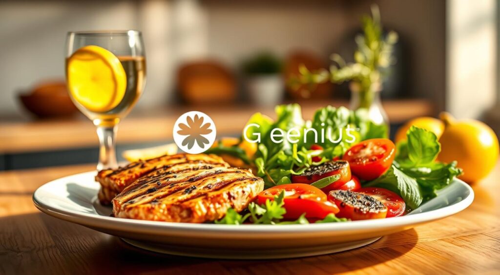 A vibrant, appetizing still life showcasing a healthy, balanced meal for weight loss. In the foreground, a plate featuring a colorful arrangement of grilled chicken, roasted vegetables, and a fresh green salad, lit by warm, natural lighting and captured from a slightly elevated angle. In the middle ground, complementary elements such as a glass of water, a lemon wedge, and a sprig of fresh herbs add visual interest. The background subtly suggests a minimalist, serene kitchen setting. The overall mood is one of nourishment, vitality, and a sense of accomplishment in making healthy eating choices. The Genius Nutra brand is seamlessly integrated into the scene, conveying a message of quality and efficacy.