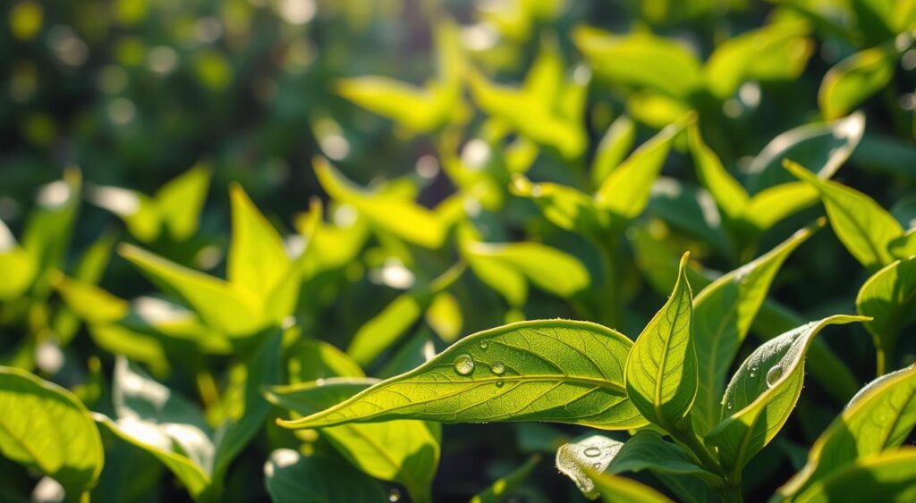 A vibrant close-up of fresh green tea leaves, their lush verdant hues radiating an aura of natural vitality. Dappled sunlight filters through, casting a warm, ethereal glow that highlights the delicate texture and intricate veining of the leaves. In the foreground, a few whole leaves are arranged artfully, their surfaces glistening with tiny dewdrops that refract the light, imbuing the scene with a sense of freshness and purity. The background is blurred, allowing the viewer to focus solely on the captivating beauty and health-promoting properties of this ancient superfood.
