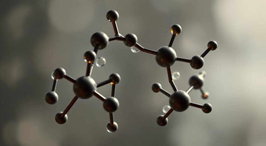 A vibrant close-up of polyunsaturated fatty acid molecules, their long carbon chains elegantly intertwined against a softly blurred backdrop. Shimmering highlights dance across the double bonds, evoking the power and dynamism of these heart-healthy lipids. The composition is lit from the side, casting dramatic shadows that accentuate the molecular structure's graceful geometry. The overall mood is one of scientific wonder and nutritional promise, inviting the viewer to appreciate the intricate beauty and profound benefits of polyunsaturated fats.
