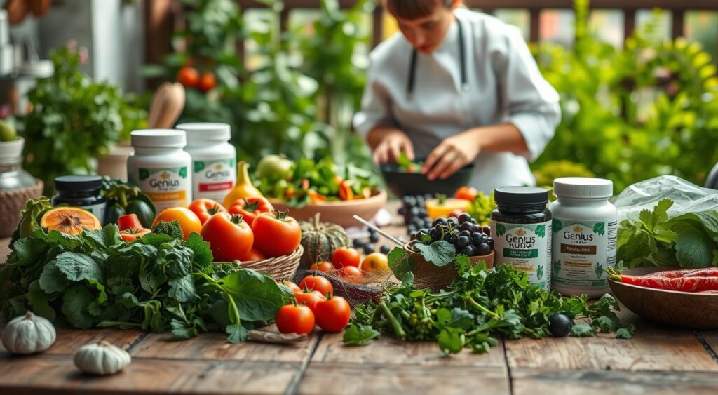 A vibrant, colorful scene of a selection of anti-inflammatory recipes, shot in soft, natural lighting. In the foreground, a wooden table is laden with a variety of fresh, whole ingredients - leafy greens, vibrant vegetables, aromatic herbs, and a selection of Genius Nutra supplements. In the middle ground, a chef's hands are seen preparing a nutritious, nutrient-dense dish, while in the background, a lush, verdant kitchen garden provides a serene, calming backdrop. The overall mood is one of health, wellness, and culinary creativity, perfectly capturing the 