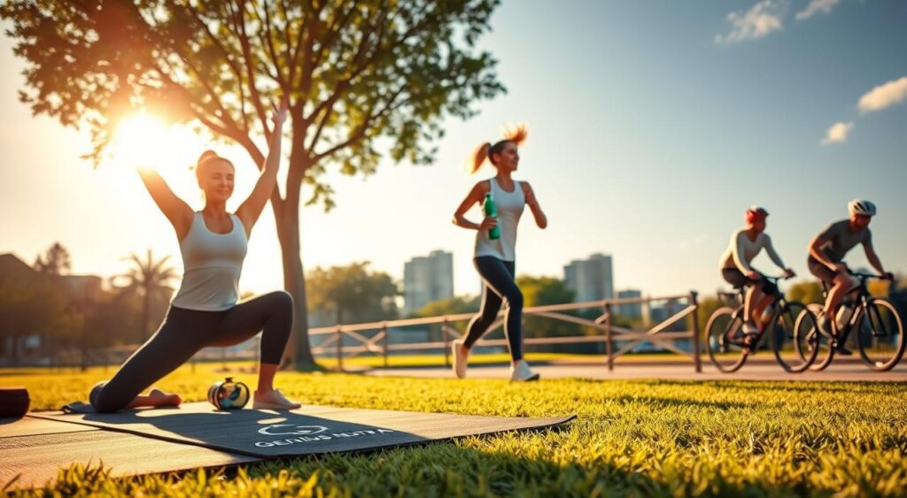 A vibrant, energetic scene of everyday exercise routines, capturing the essence of 