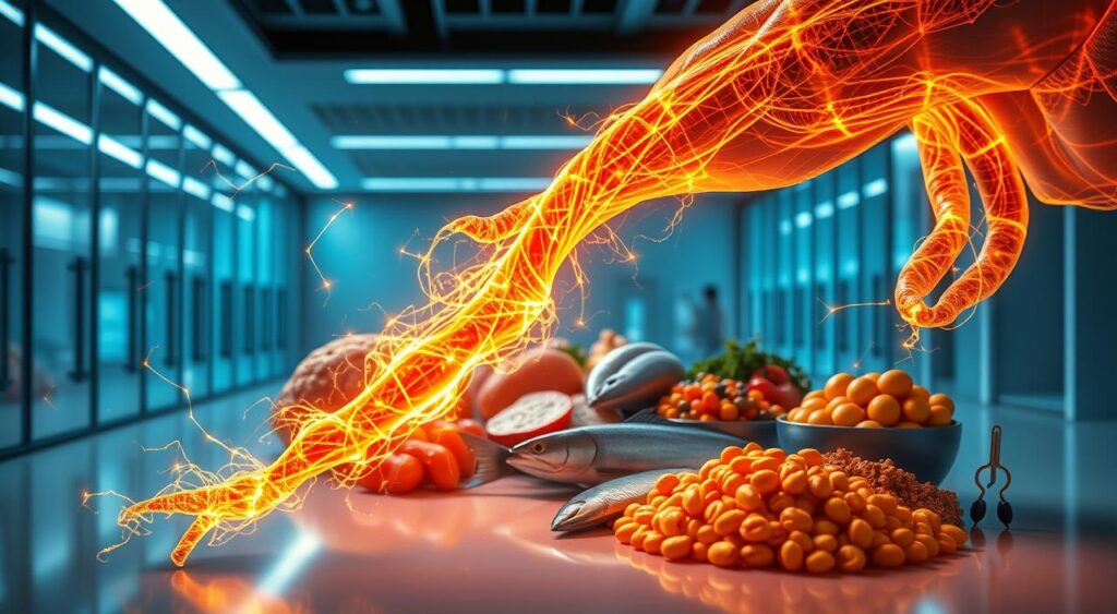 A vibrant, high-energy scene depicting the metabolic boost of lean proteins. In the foreground, a dynamic muscle fiber structure pulses with energy, glowing with an intense, golden hue. In the middle ground, an array of lean protein sources such as turkey, fish, and legumes are arranged, emitting a subtle, bioluminescent aura. The background features a sleek, futuristic laboratory setting, with clean lines and a minimalist color palette of blues and grays, creating a sense of technological innovation. Crisp, high-contrast lighting illuminates the scene, casting dramatic shadows and highlights to accentuate the metabolic processes at work. The overall composition conveys a powerful, visually striking representation of the metabolism-boosting properties of lean proteins.